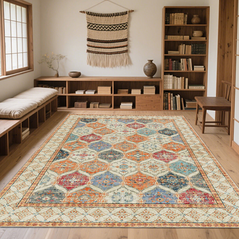 Retro Rugs for Living Room, Soft Low Pile Indoor Outdoor Rugs, Washable Non Slip Faux Wool Throw Rug, Large Carpet for Bedroom Dining Room Table Home Decor Use, Ideal For High Traffic Areas