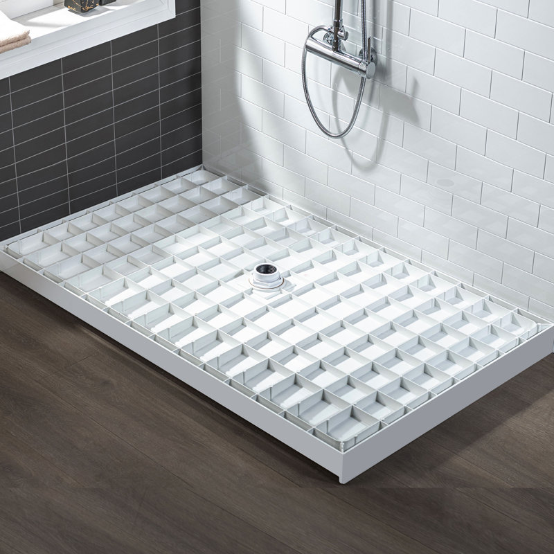 60" W x 34" D Solid Surface Single Threshold Shower Pan Base with Drain Assembly & Drain Cover Included, Non-Slip, Center