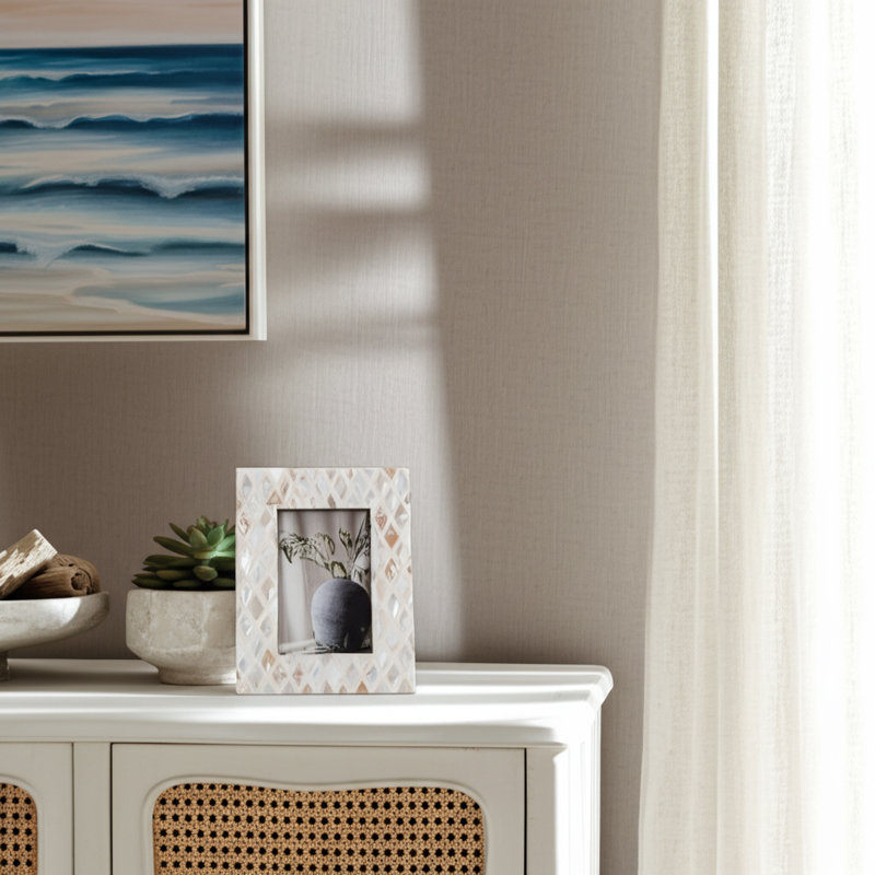 Shell Wood Glass Capiz Frame with Intricate Inlay Detailing and Durable Back Stand for Display - Handcrafted Decorative Frame Featuring Quality Materials and Textured Natural Shell Accent