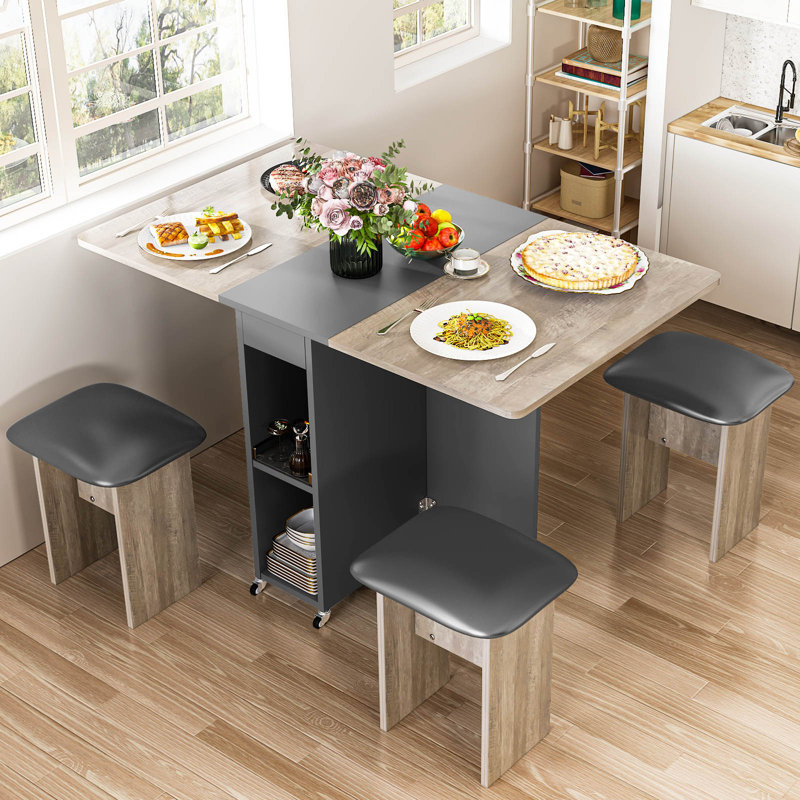 Drop Leaf Dining Table,Folding Dining Table With 6 Wheels And Four Leather Stools,Space Saving Dining Table And Chairs For Dining Room, Kitchen