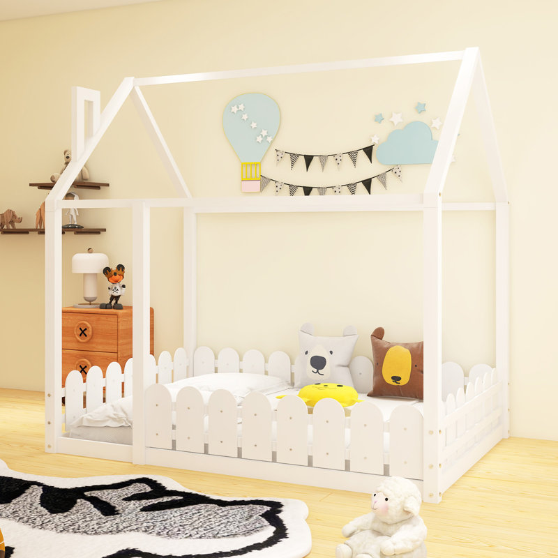 Cadre de lit en bois avec clôture, Double, Blanc