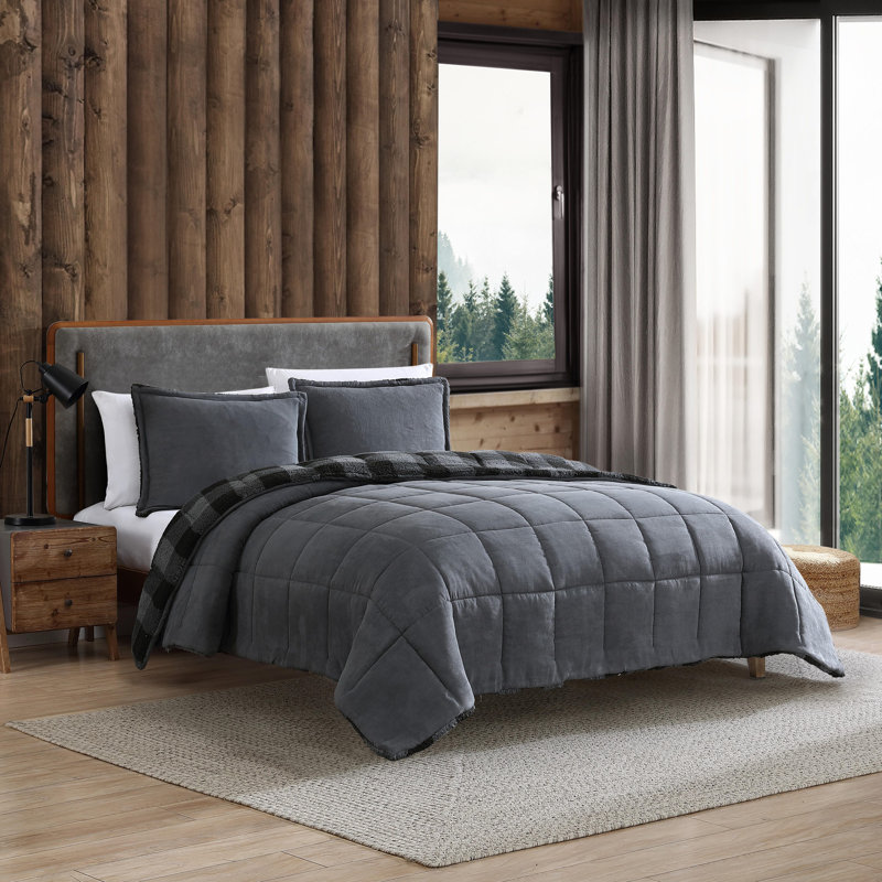 Ensemble d'édredon réversible gris Eddie Bauer, Édredon pour très grand lit + 2 taies décorativ