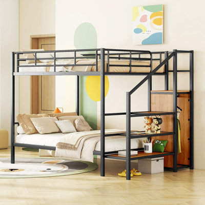 Lit superposé en métal avec échelle de rangement latérale et garde-robe