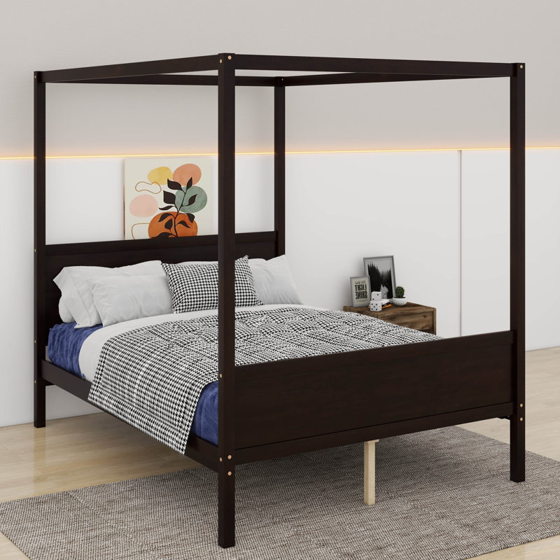 Grand lit plateforme à baldaquin avec tête et pied de lit, Espresso