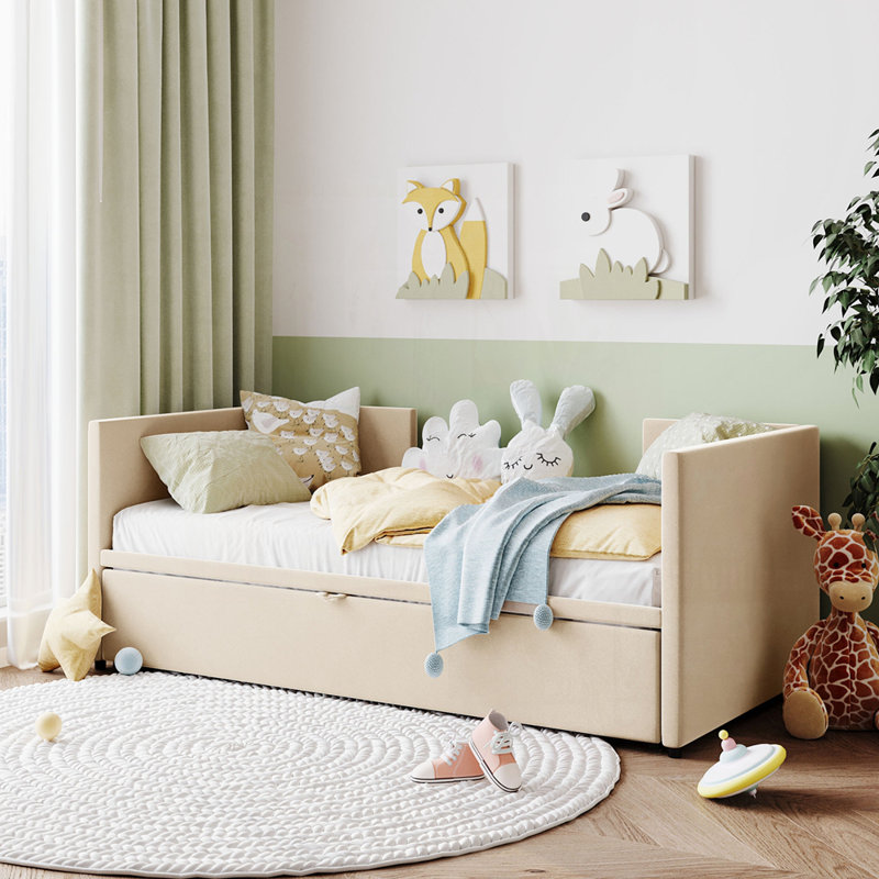 Twin Size Upholstered Daybed With Pop-Up Trundle, Perfect For Guest Rooms And Space-Saving Solutions, Beige