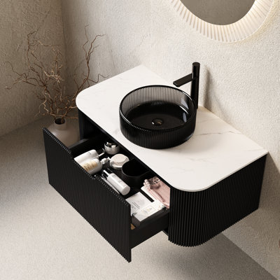 Meuble-lavabo rond en verre transparent noir, 36 po, armoire rayée murale, tiroir avec fermeture en douceur, meuble-lavabo flottant pré-assemblé, cristal, conception 3D,