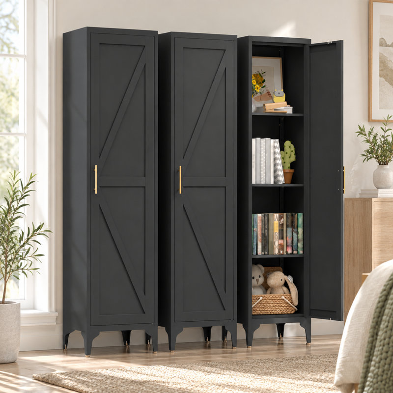 65.05" Freestanding Metal Pantry Organizer with 4 Storage Levels and Adjustable Footrests, White, Black