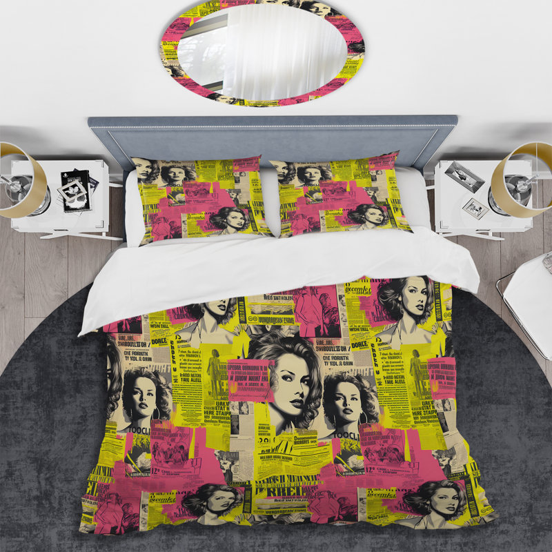 Literie Popart rose néon Collage III, Housse de couette pour grand lit et 2 taies décor
