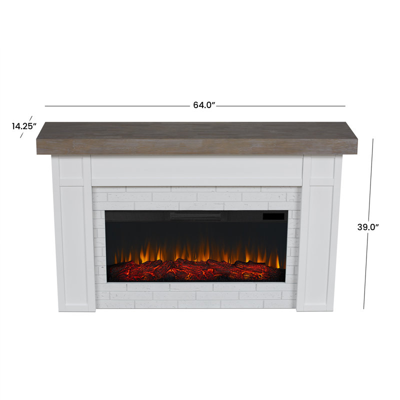 Cravenhall 64" White Faux Brick Electric Fireplace with Rustic Mantel