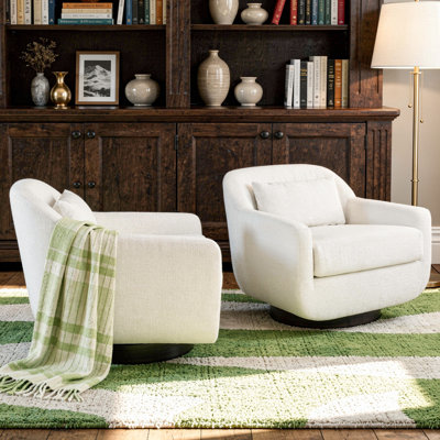 Upholstered Beige Chenille Swivel Oversized Lounge Armchair With Pillow And Metal Base (Set of 2)