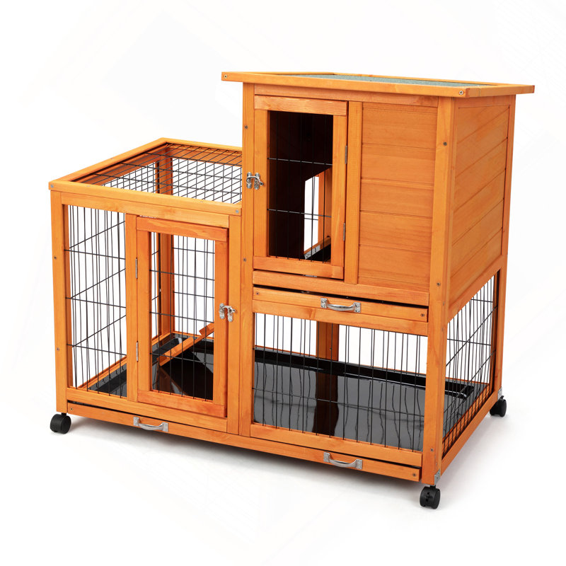 Cage à lapin amovible avec plateau amovible et roulettes, orange