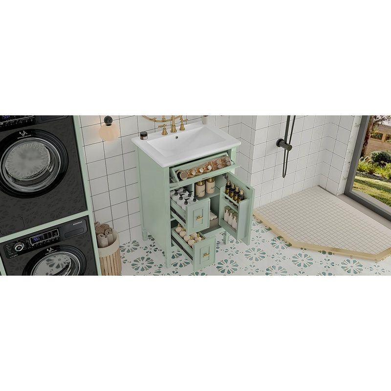 Meuble-lavabo de 24 pouces avec lavabo, armoire en bois massif et panneau de fibres à densité moyenne avec un tiroir rabattable, deux tiroirs standard et une tablette réglable, meuble-lavabo vert autoportant pour le rangement de la salle de bain