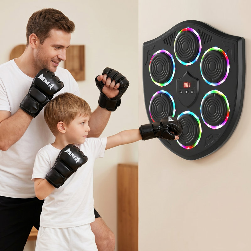 Machine de boxe murale interactive - comptoir à DEL, haut-parleurs Bluetooth, lumières de synchro de musique, installation sans perceuse, gants inclus