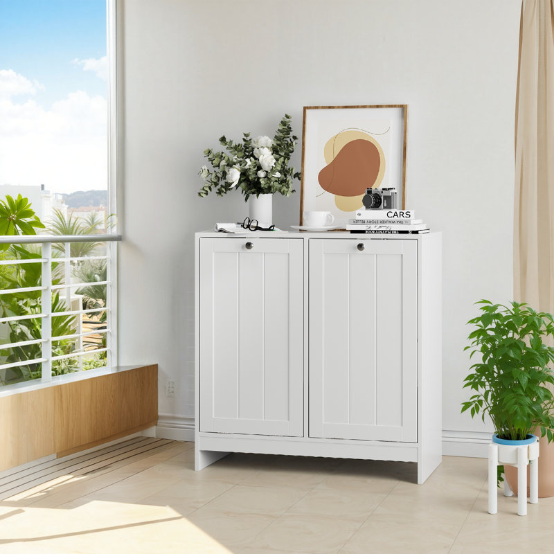 Armoire à linge avec porte basculante, panier amovible et rangement caché, blanc