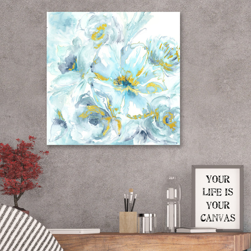 Watercolour Blues With Gold Leaf - Wrapped Canvas Painting, 30cm H x 30cm W