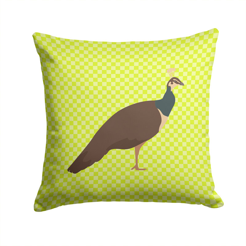 Peahen Peafowl Check Outdoor Throw Pillow, Green, 14" x 14"