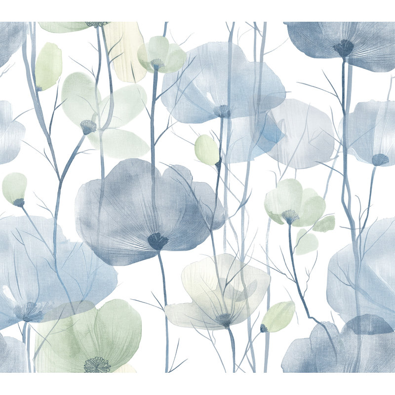 Papier peint floral bleu Cotswolds Poppies, Bleu