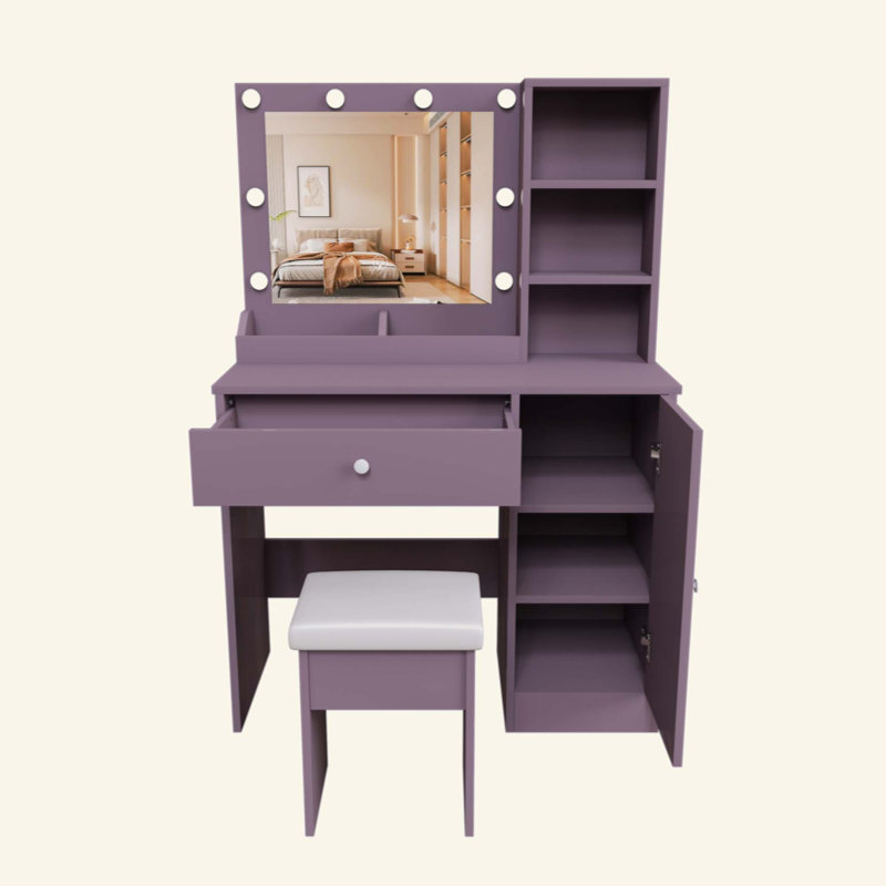 Élégant ensemble de coiffeuse avec tabouret rembourré et miroir lumineux réglable (ampoules rondes, 3 modes de couleur), ensemble de coiffeuse de maquillage de chambre à coucher moderne