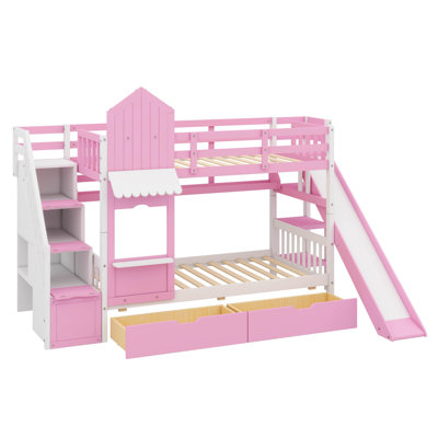 Lit superposé Castle Design avec 2 tiroirs, 3 tablettes et glissade