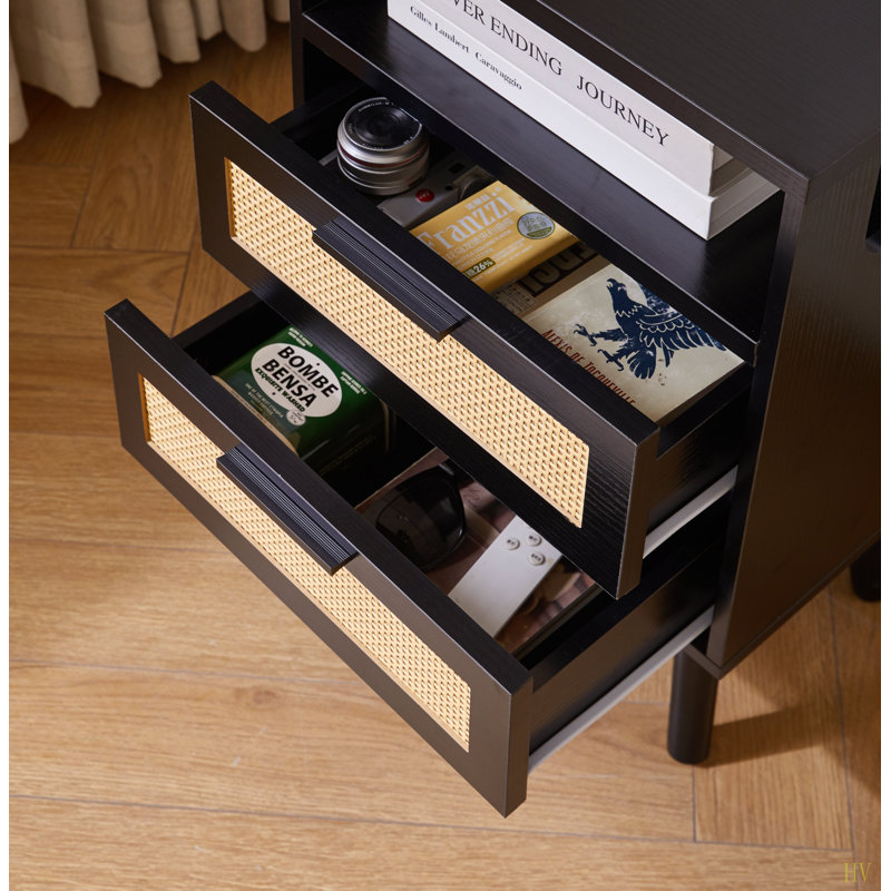 Ensemble de 2 tables de chevet avec rangement à 2 tiroirs, 15,4 po avec poignées en métal et table de bout en bois pour la chambre à coucher