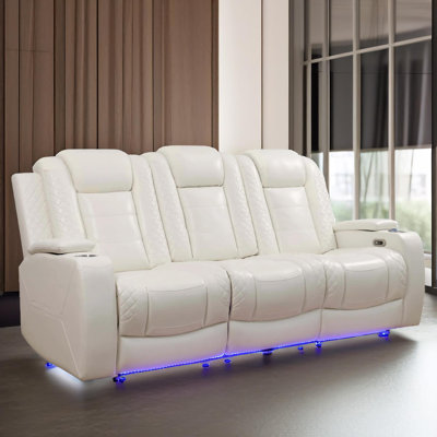 Softaura White Vegan Leather Power Reclining Sofa Set With LED Lights,USB&Wireless Charging,Armrest Storage Compartment And Cup Holders