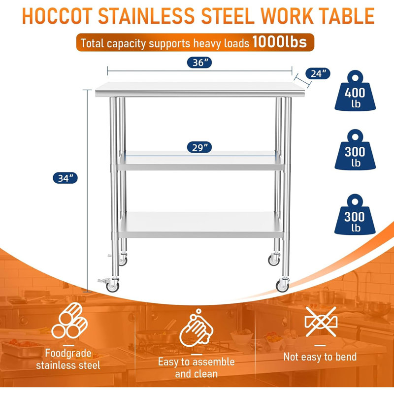 Table de travail en acier inoxydable avec 2 tablettes réglables pour la cuisine commerciale
