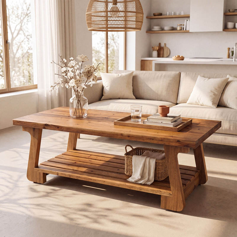 Table basse rectangulaire en bois massif avec rangement pour le salon 55,12 po