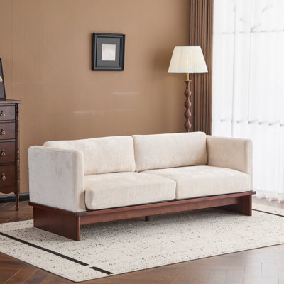 77 po Canapé rembourré carré à accoudoirs carrés 3 places avec base en bois massif, beige