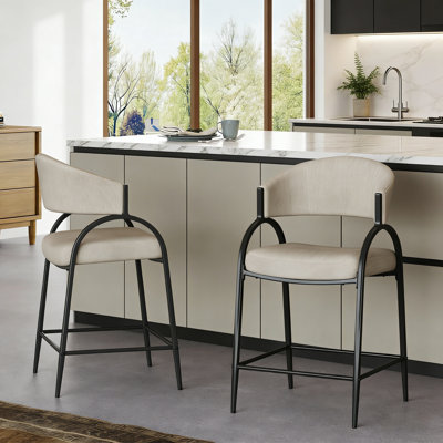 Tabourets de bar modernes de 25 po de hauteur avec dossier, structure en métal noir, tabourets de comptoir confortables pour îlot de cuisine / salle à manger, ensemble de 2 (beige)