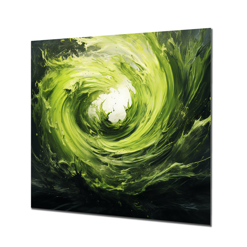 «Green Spiral Neon Fusion 2», art mural abstrait en métal, H 16 po x l 16 po