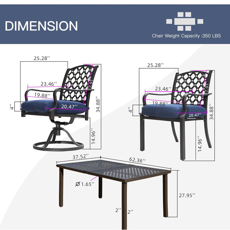 7 Pcs Patio Dining , Metal With Navy Blue Cushions, Stable Iron For Outdoor Garden Lawn Use