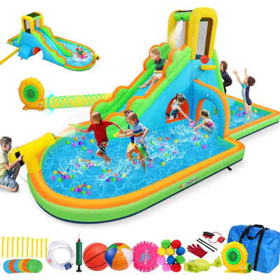 Adam 18'X7.54' Water Slide Inflatable Water Bounce House Park For Kids Backyard Outdoor Fun With Blower, Blow Up Water Slide Castle W/Climbing Wall, Long Slide, Pool, Water Gun, Basketball Hoop & Tunnel
