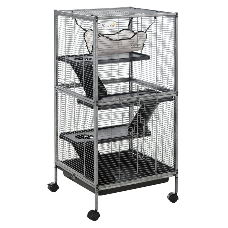 Gray Rolling Metal Small Animal Cage with Hammock and Platforms