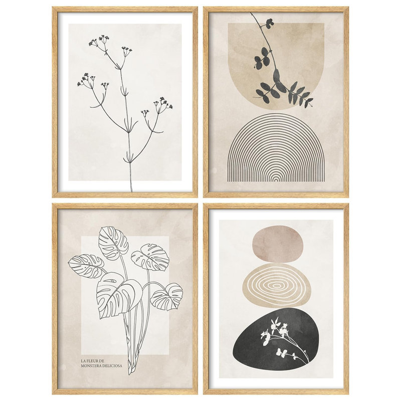 "Neutre botanique noir, beige et blanc, tons, art moderne, décoration murale minimaliste", 4 pièces, Or, H 28 po x l 22 po