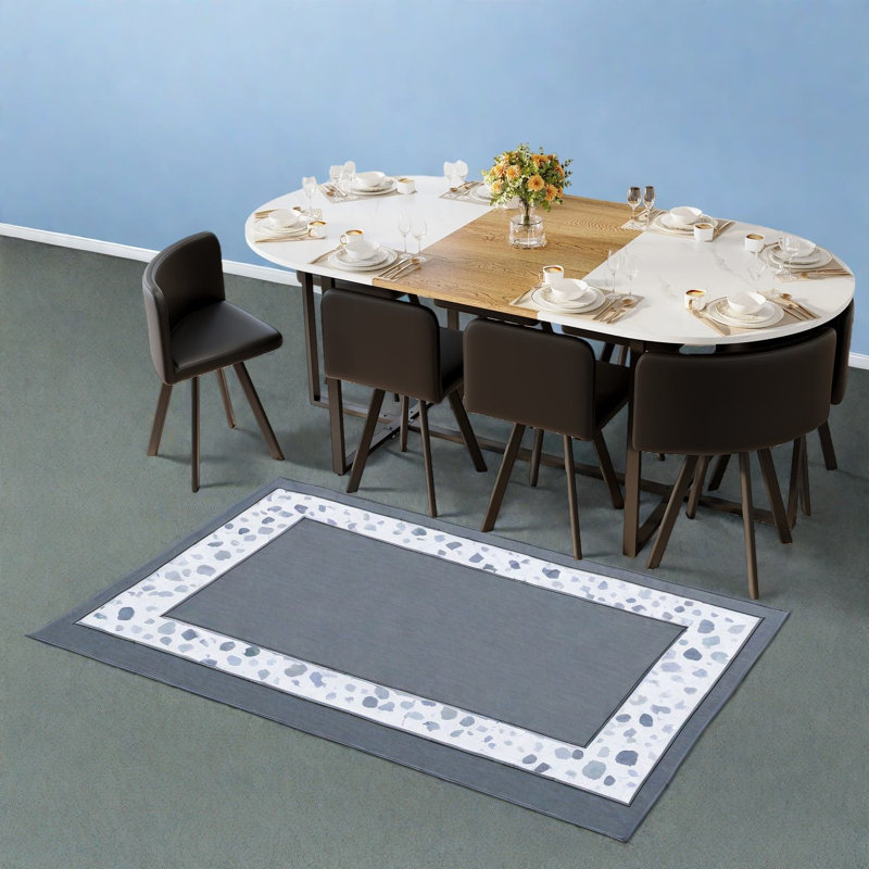 Ensemble de table de salle à manger moderne, conception en bois de marbre blanc, chaises en polyuréthane noir, salle à manger de cuisine pour 8