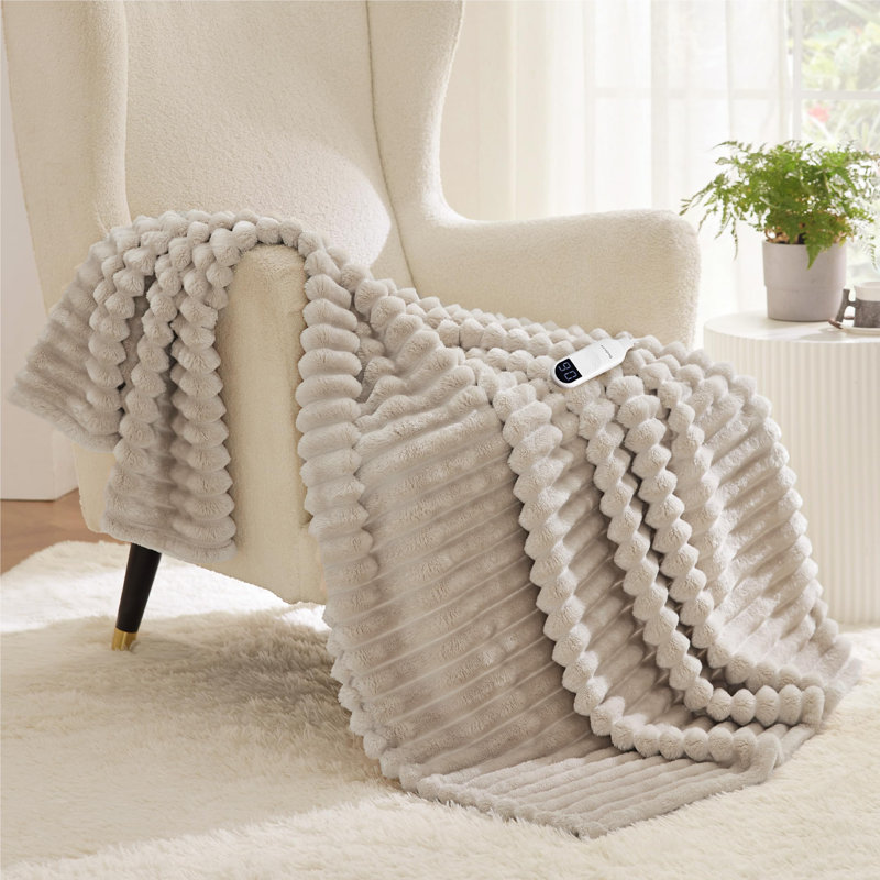 Heated Blanket Electric - Thick Striped Flannel Electric Blanket, Heating with 4 Time Settings, 6 Heat Settings, and 3-Hour Timer Auto Shut Off