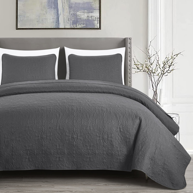 Luca 3-Piece Lightweight Microfiber Oversized Bedspread Set, Queen Coverlet/Bedspread + 2 Standard Shams, Charcoal