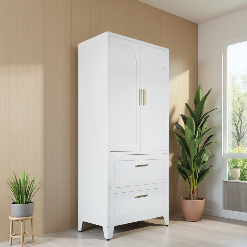 Armoire-penderie en métal 70,87 "avec 2 tiroirs et une tringle, 2 portes garde-robe avec tablette pour chambre à coucher