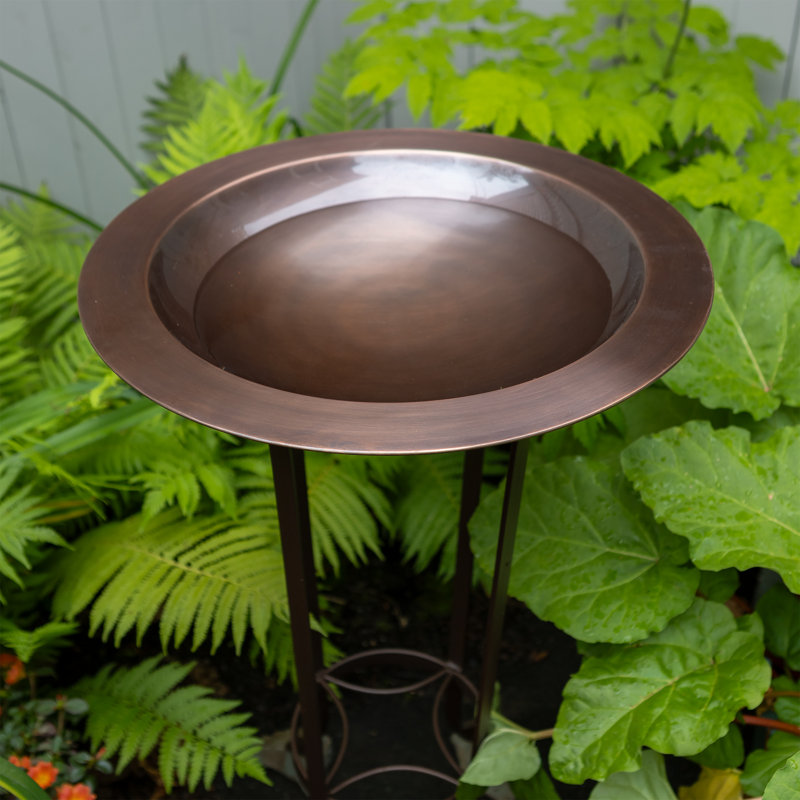 18" Antique Copper Birdbath with Roman Bronze Wrought Iron Stand