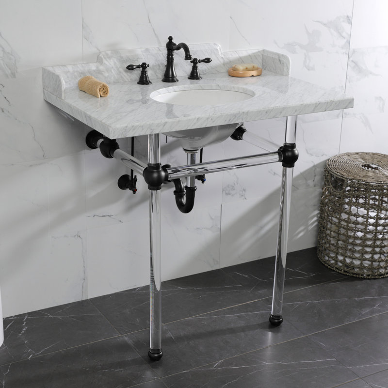 Kingston Brass Pemberton 36-Inch Carrara Marble Console Sink with Acrylic Legs (8-Inch, 3-Hole), Marble White/Matte Black