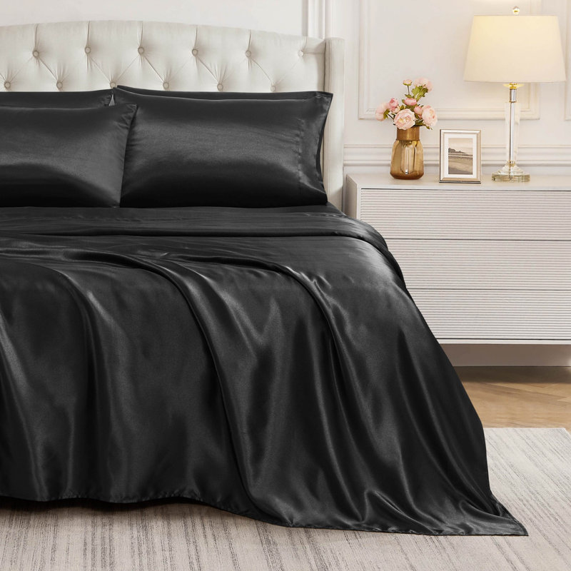 BCBG Satin Sheet Sets with Extra Pillowcases, Full, Black