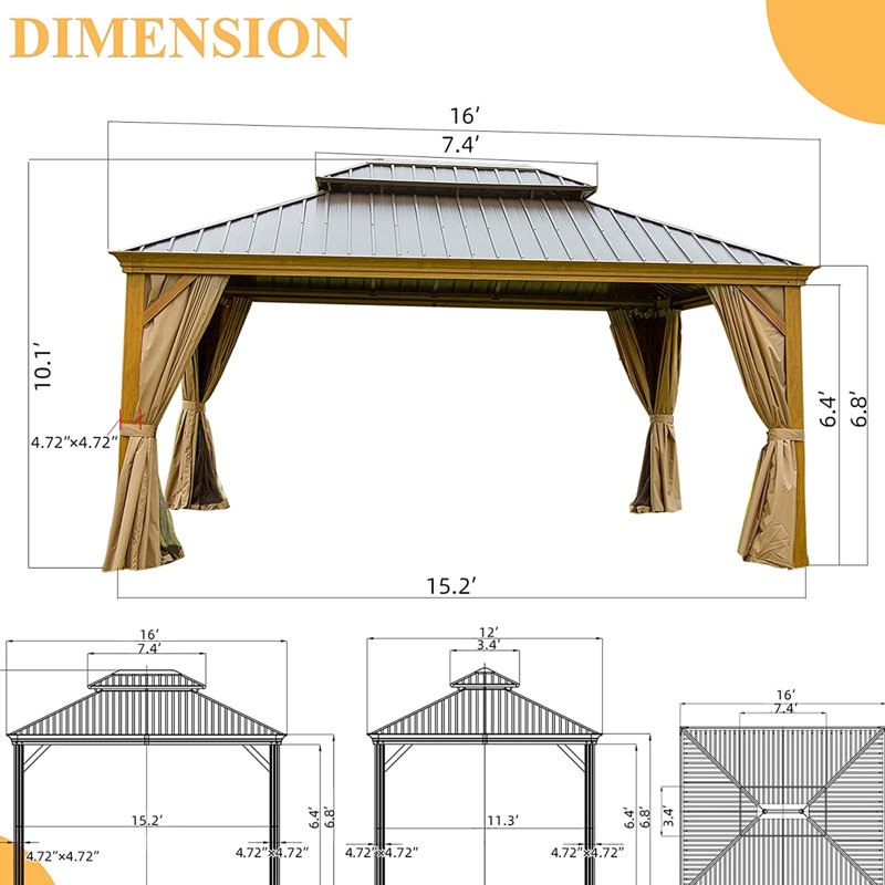 Pavillon de jardin d'extérieur 12 pi x 16 pi: Pavillon de jardin double en acier galvanisé et aluminium durable avec auvent et rouille