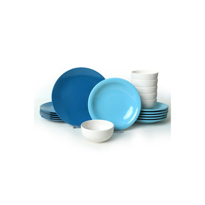 18-Piece Ceramic Dinner Set, Blue & White | 100% Ceramic, Antibacterial, Easy Clean | Includes 6 Service Plates (10.2 in), 6 Dinner Plates (8.7 in), 6 Bowls (4.7 in) | Dishwasher & Microwave Safe, Thermal Shock Resistant