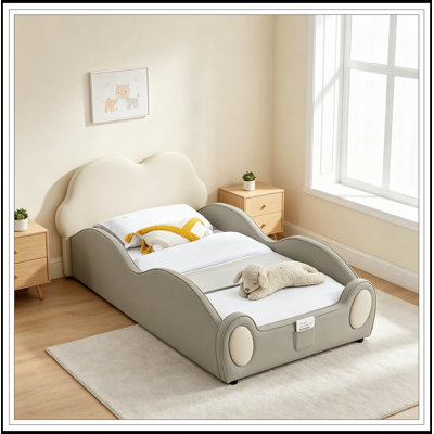 Twin Size PU Leather Bed with Guardrails and Storage Pocket