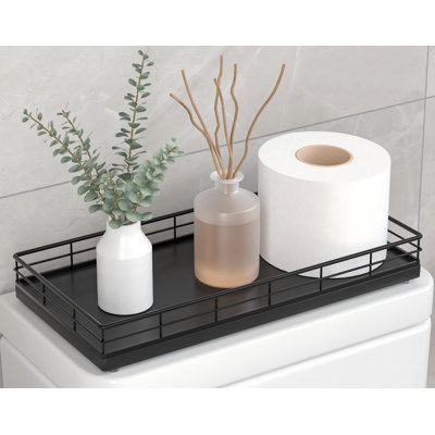 Plateau de réservoir de toilette en bois de chêne avec cadre en métal, rangement de comptoir de salle de bain à l'arrière du réservoir ou du dessus, décor moderne. (Noir)