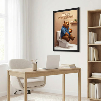 Ours en toile, reproduction d'art sur toile tendue avec un ours dans une salle de bain tenant un verre avec un style humoristique et fantaisiste parfait pour le bureau à domicile ou la décoration de salle de bain