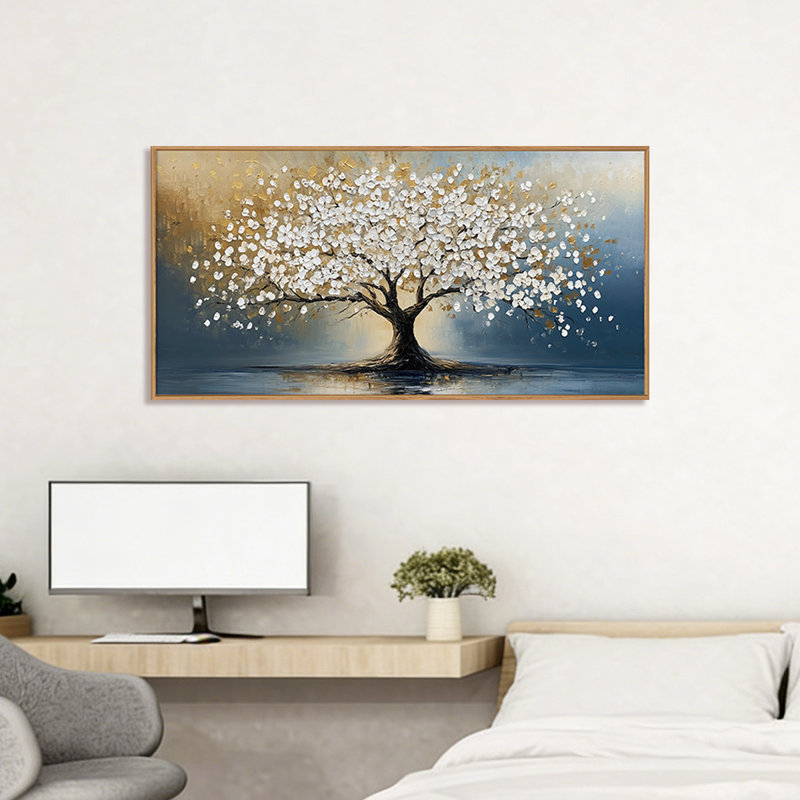 Large Artistic Tree Of Life Canvas Wall Art, White Blossom Flower Tree Wall Decor Framed, Boho Life Tree Art, Abstract Blue Golden Tree And White Floral Painting Home Decor For Office Bedroom Living Room Dining Room, 20"x40" Perfect Ideal Gift