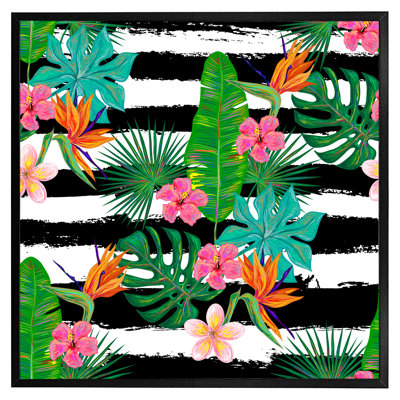Cotsen Tropical Plants On Black & White Stripes - Single Picture Frame Print