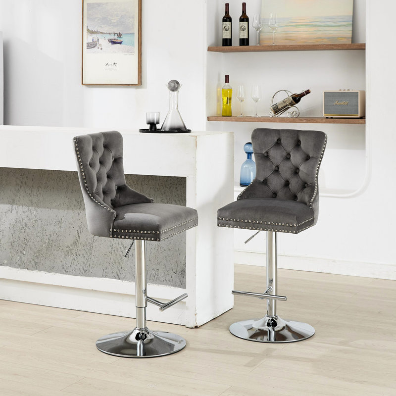 Épais velours pivotant gris de 2, réglable de 25 à 33 po de hauteur, avec boutons, siège à ressorts, en éponge et à ressorts pour tables de pub et îlots de cuisine, hauteur 2, base moderne rembourrée de 17,7 po, boutons Home