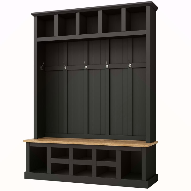 Farmhouse Wooden Style 78''H Modern Hall Tree with Wide Storage Seating Bench, Entryway Shoe Cabinet with 13 Compartments